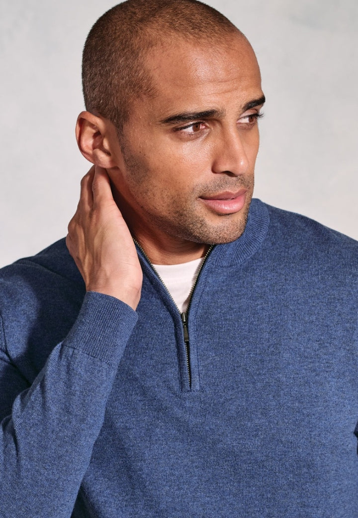 Brook Taverner Copenhagen Denim Blue Cotton Merino Quarter Zip Jumper