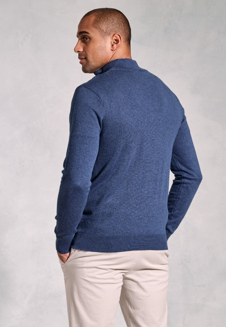 Brook Taverner Copenhagen Denim Blue Cotton Merino Quarter Zip Jumper