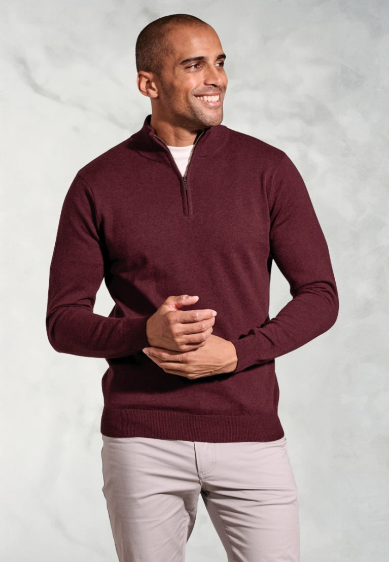 Brook Taverner Copenhagen Burgundy Cotton Merino Quarter Zip Jumper
