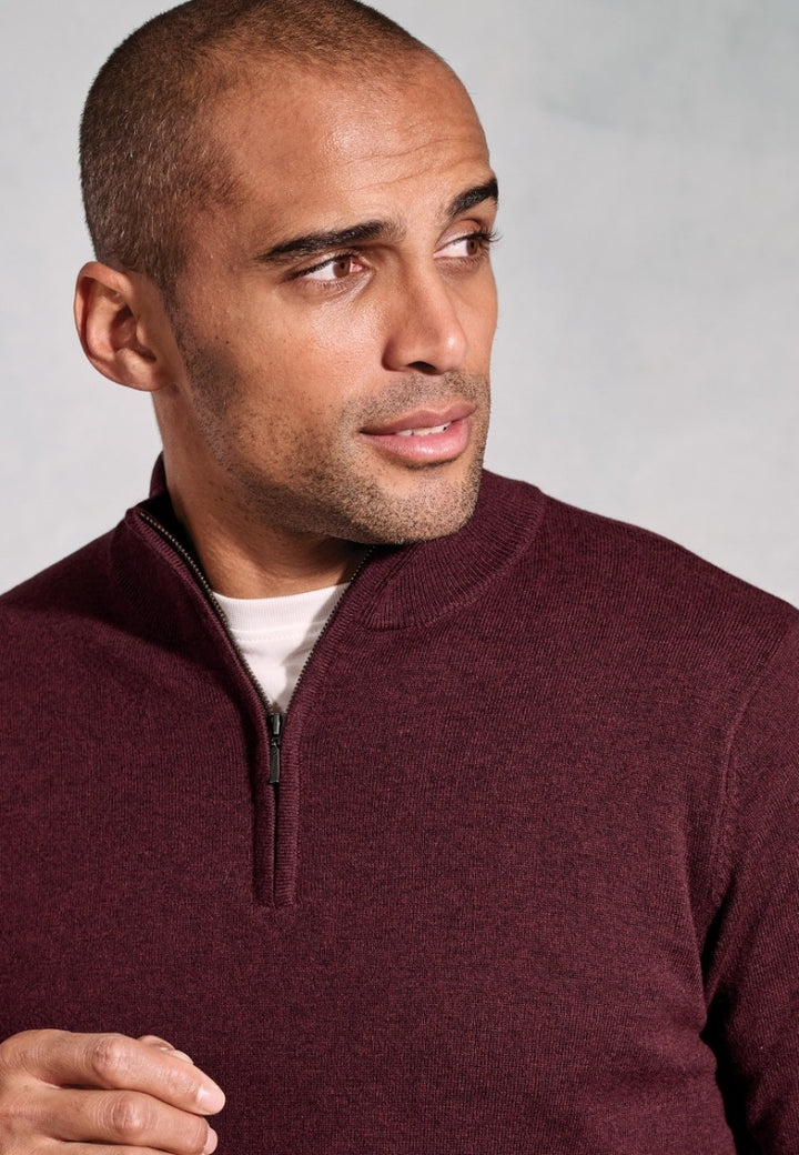 Brook Taverner Copenhagen Burgundy Cotton Merino Quarter Zip Jumper