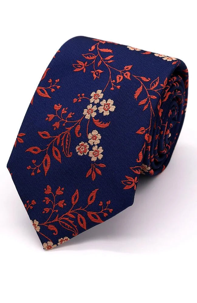 Leafy Floral Tie - Navy & Burnt Orange