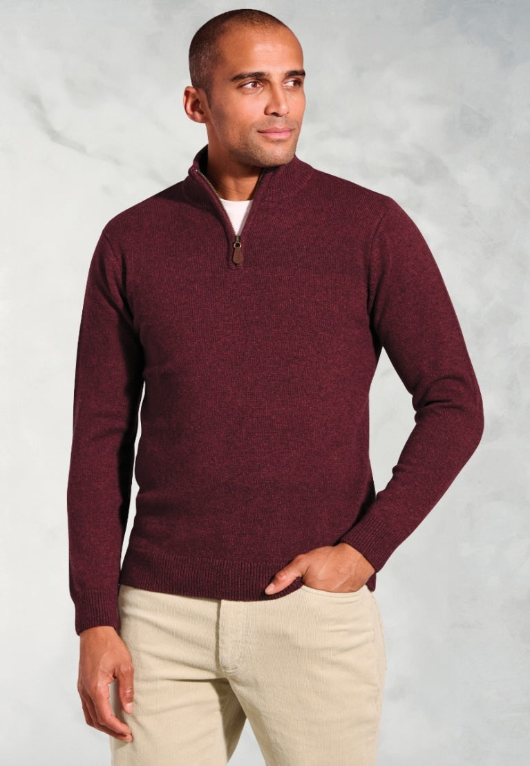 Brook Taverner Rutherford Lambswool Quarter Zip Burgundy Jumper