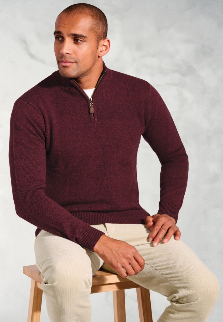 Brook Taverner Rutherford Lambswool Quarter Zip Burgundy Jumper