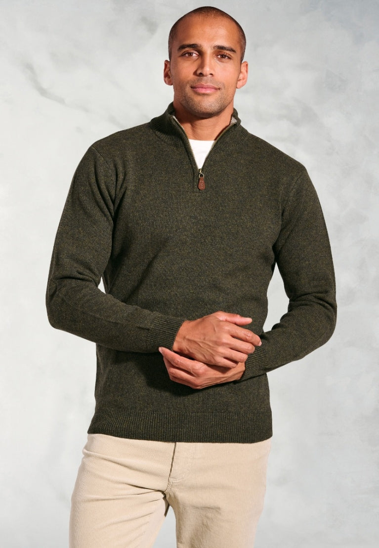 Brook Taverner Rutherford Lambswool Quarter Zip Khaki Jumper
