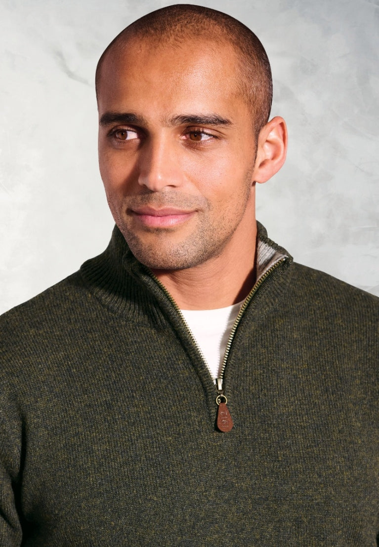 Brook Taverner Rutherford Lambswool Quarter Zip Khaki Jumper