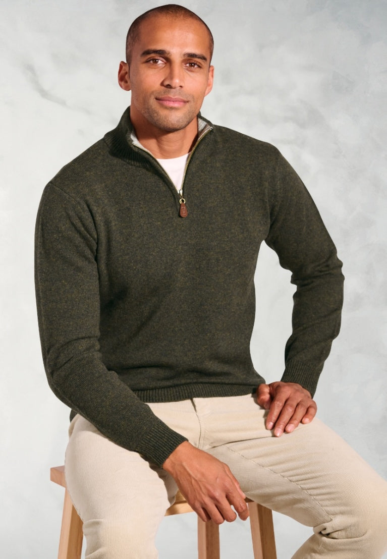 Brook Taverner Rutherford Lambswool Quarter Zip Khaki Jumper
