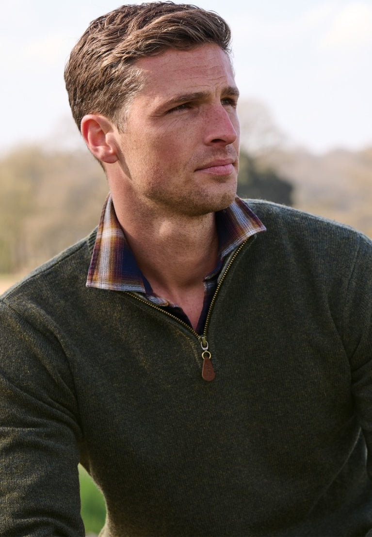 Brook Taverner Rutherford Lambswool Quarter Zip Khaki Jumper
