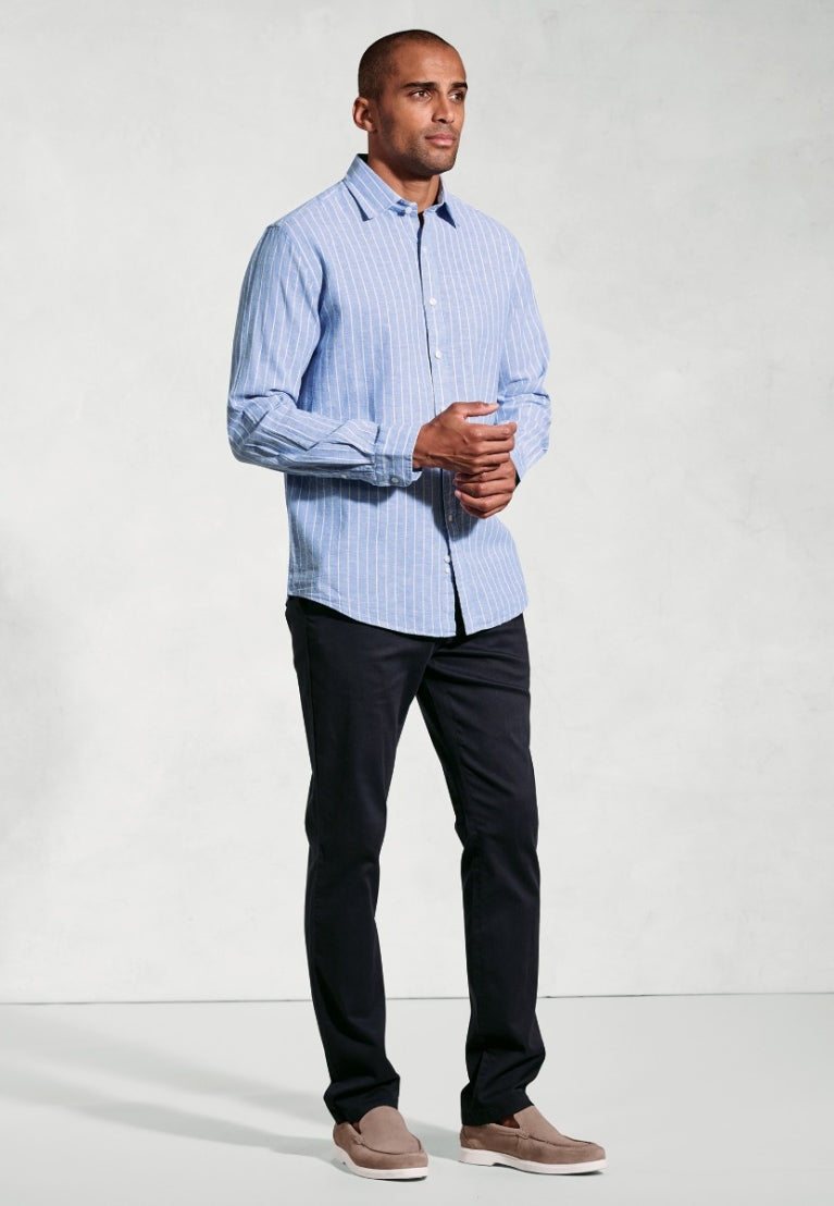 Brook Taverner Regular Fit Sky Blue Stripe Pure Linen Shirt