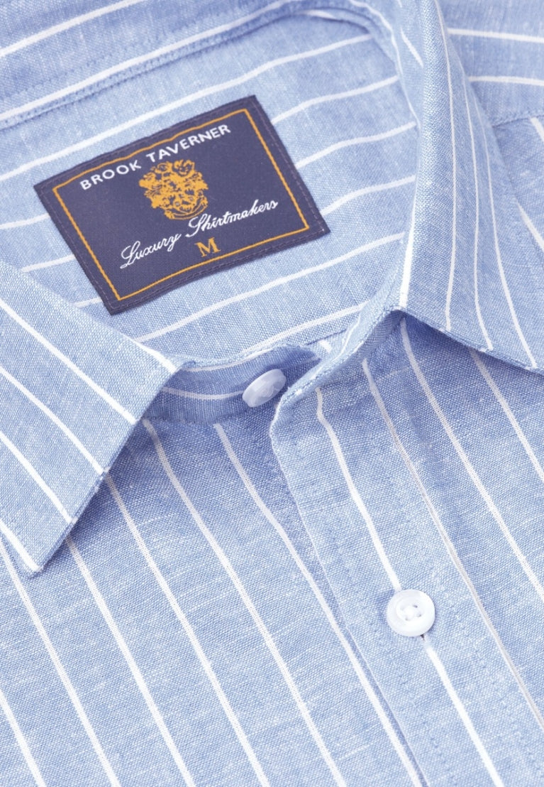 Brook Taverner Regular Fit Sky Blue Stripe Pure Linen Shirt