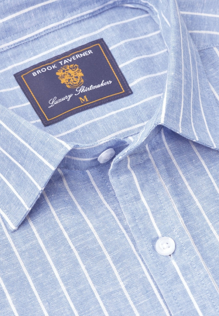 Brook Taverner Regular Fit Sky Blue Stripe Pure Linen Shirt