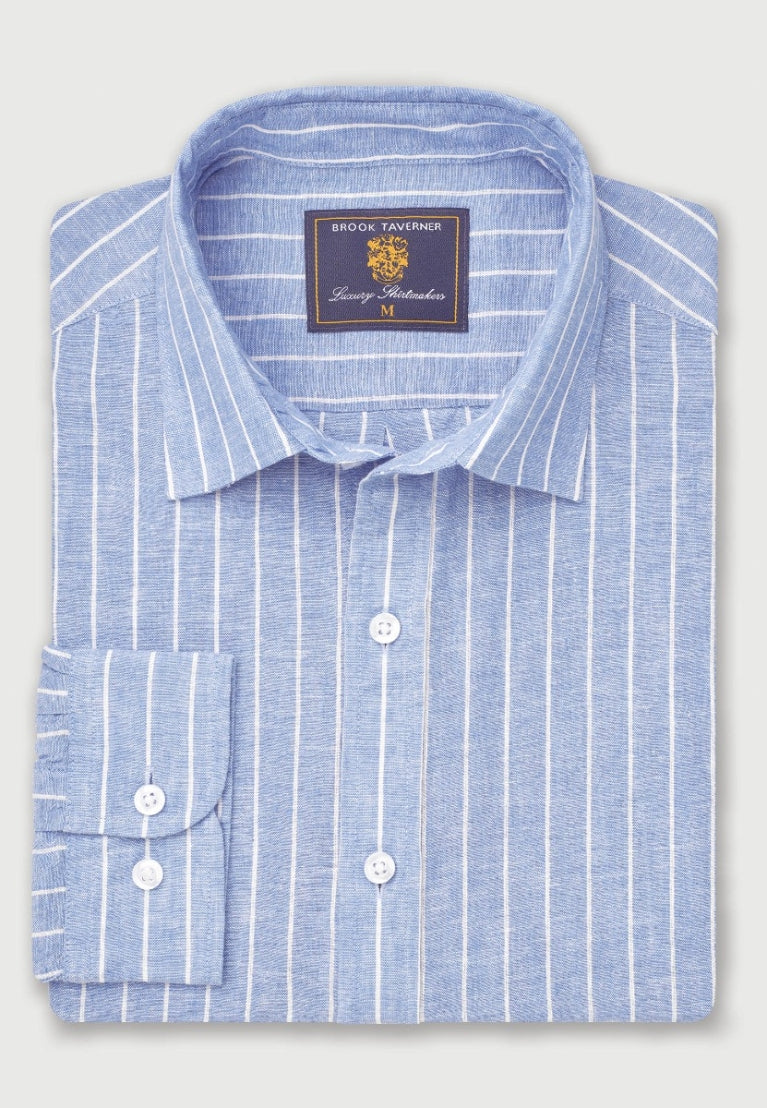 Brook Taverner Regular Fit Sky Blue Stripe Pure Linen Shirt