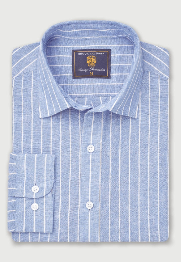 Brook Taverner Regular Fit Sky Blue Stripe Pure Linen Shirt